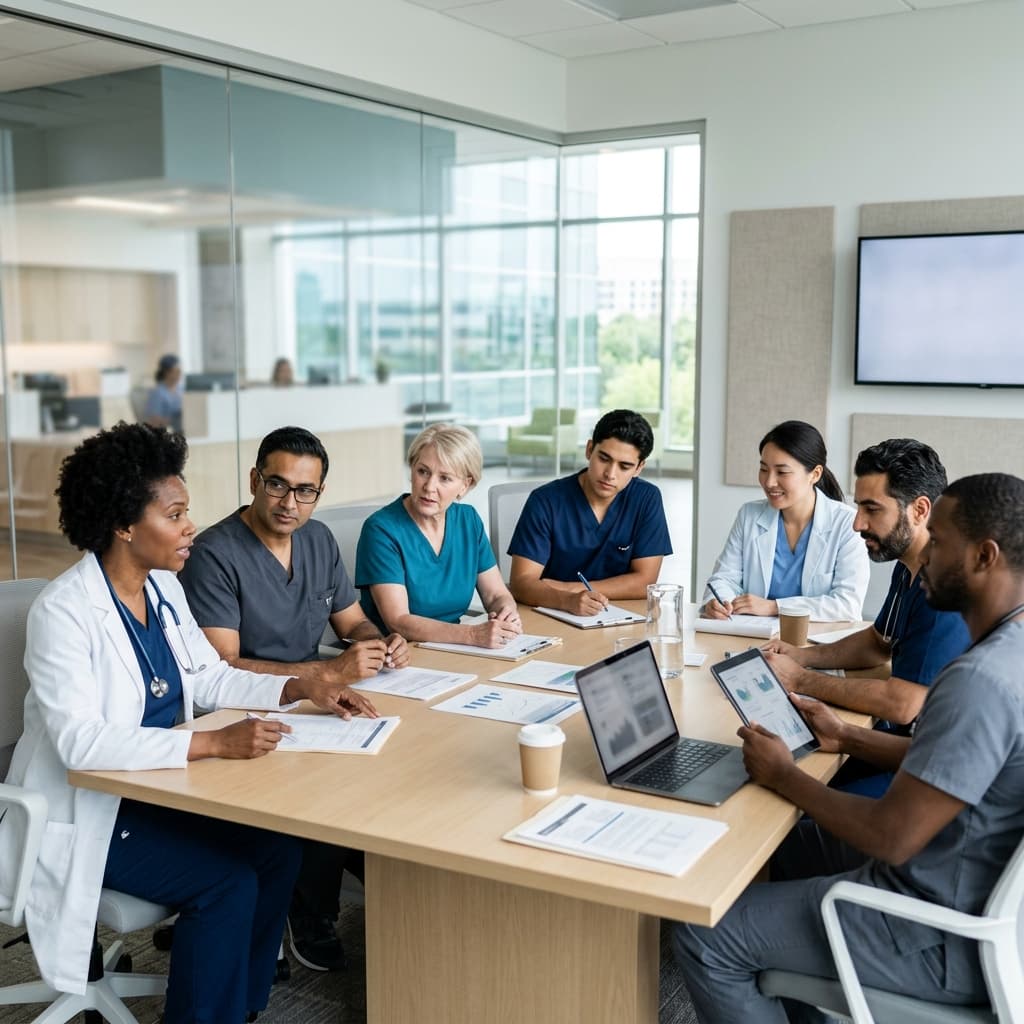 Clinical team collaborating around a telehealth workstation inside a municipal medical clinic